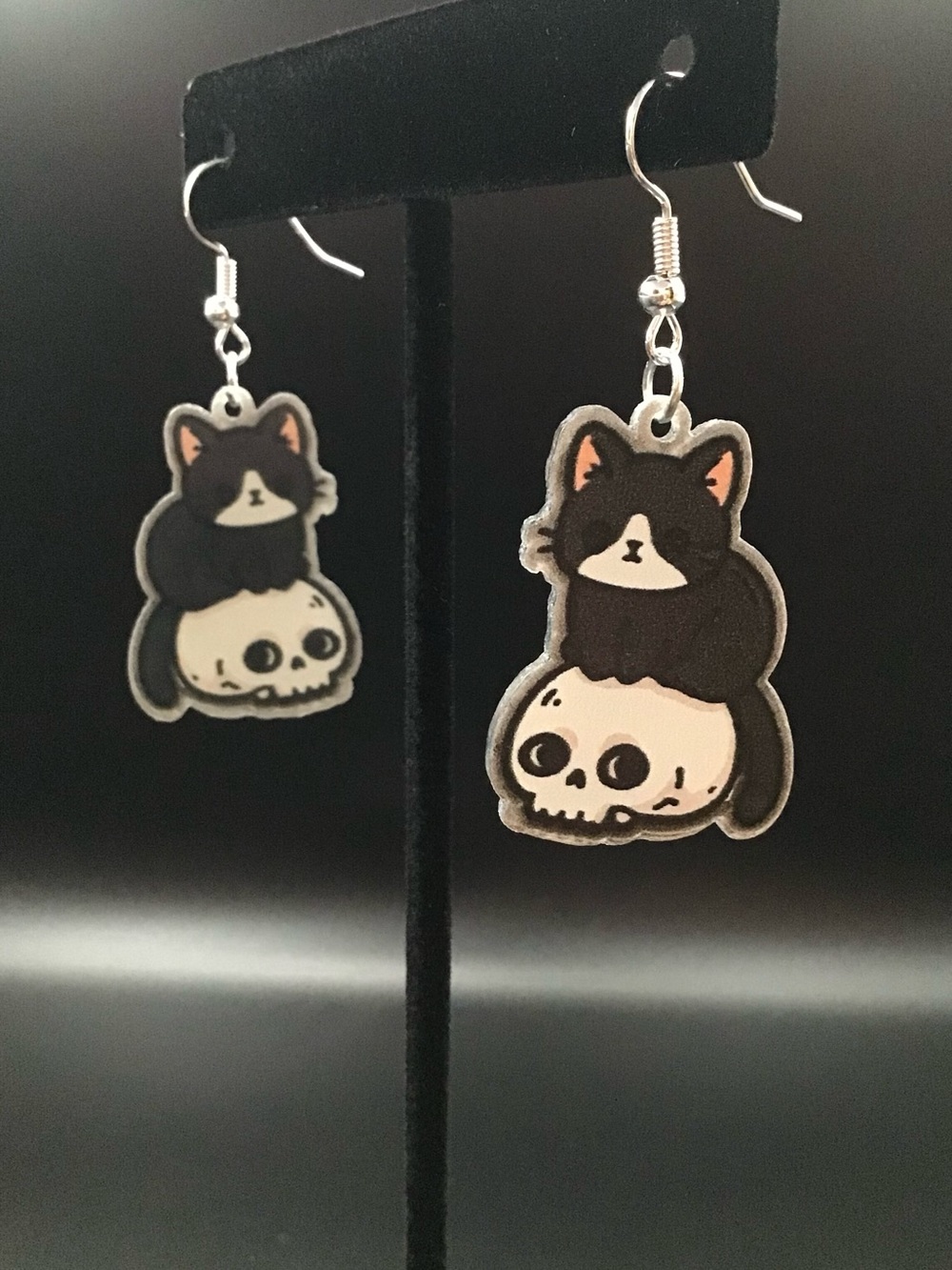 Hand-Painted Cat Skull Earrings